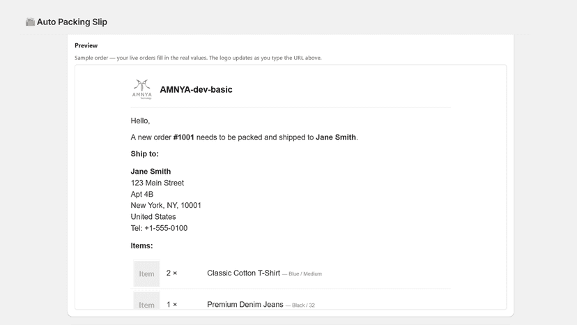 Auto Packing Slip Email Preview