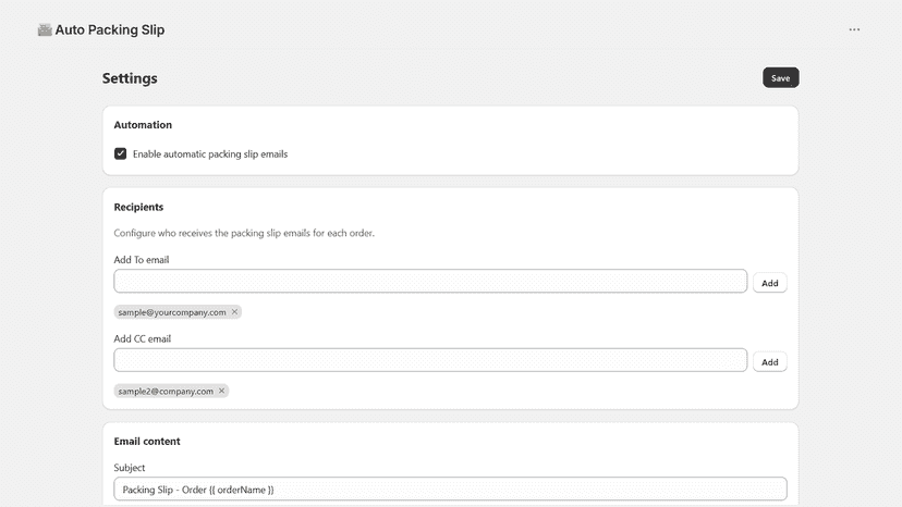 Auto Packing Slip Recipients Settings