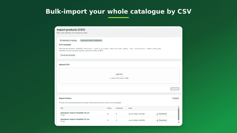 Bulk CSV import with validation, preview and import history