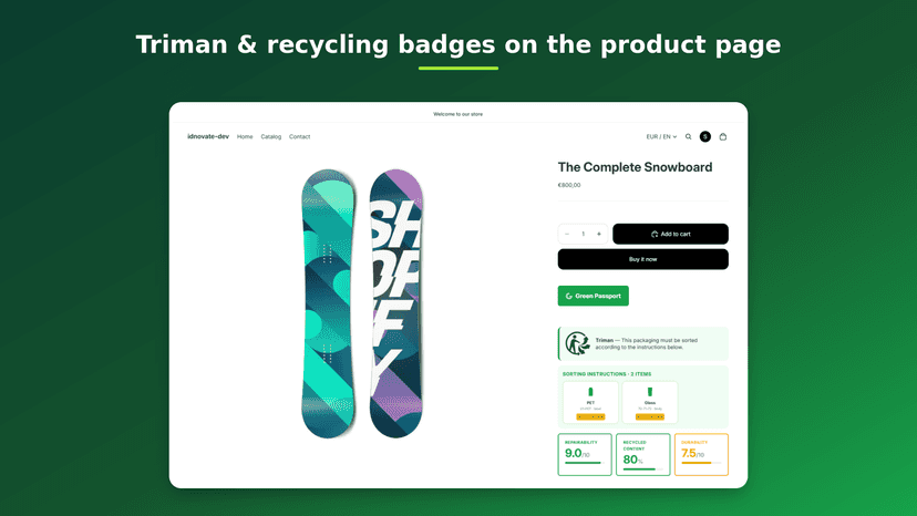 Product page with Triman badge and recycling eco panel