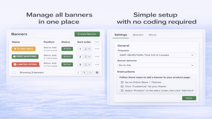 App screens for managing banners and configuring settings