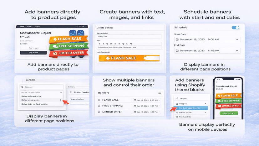 App screenshots showing banner creation and display