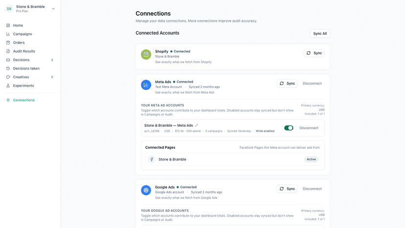 Connections page with Shopify, Meta Ads, and Google Ads linked