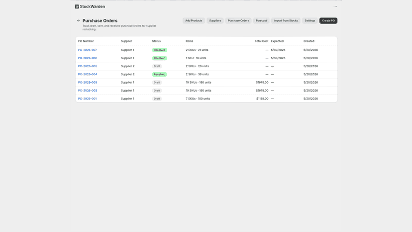 Purchase orders list with draft and received statuses