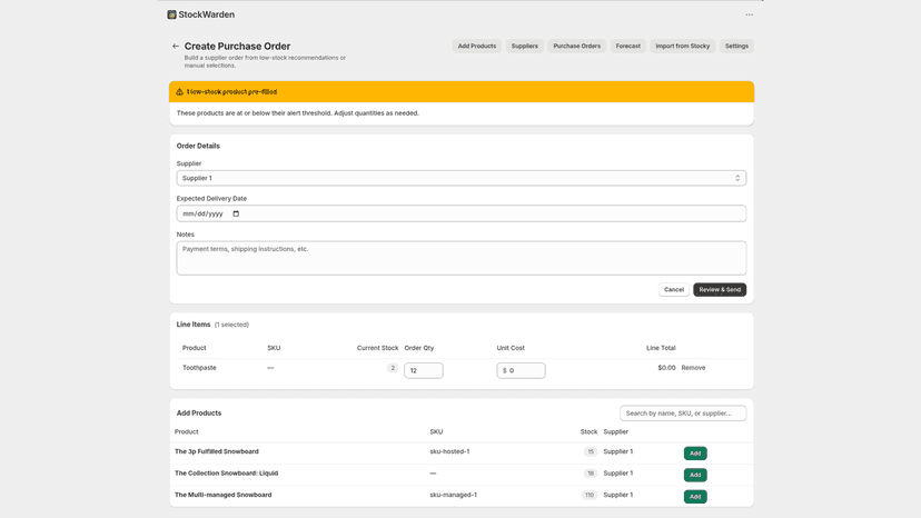 Create purchase order from low-stock product alerts