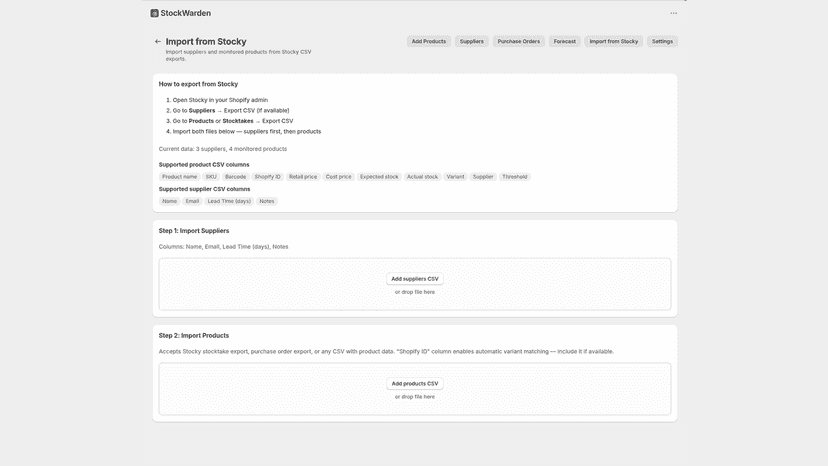 StockWarden Stocky CSV import for suppliers and products