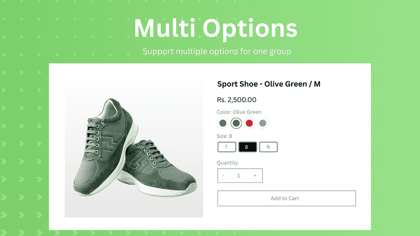 Product page with multiple option swatches multi options