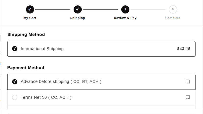 Cart drawer showing Net 30 payment terms