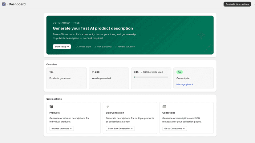 Dashboard with credits overview and quick action cards