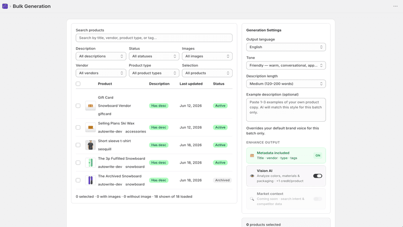 Bulk AI generation with product list and settings panel