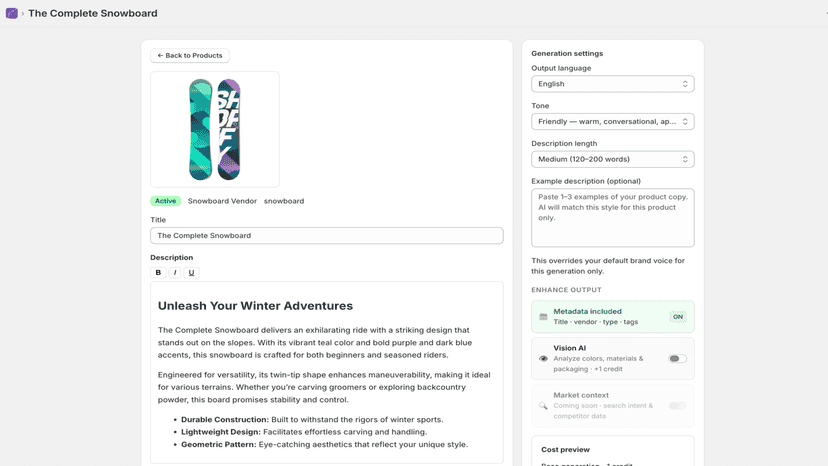 Product page with AI generation settings and output