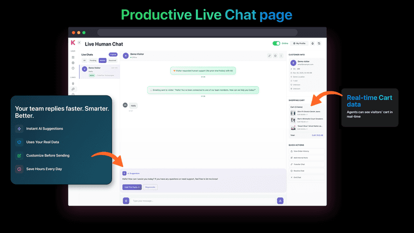 Live chat page's interface in Kepler AI + Live Chat Shopify App