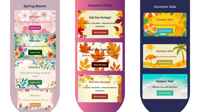 Seasonal styles: Spring, Autumn, and Summer sale designs