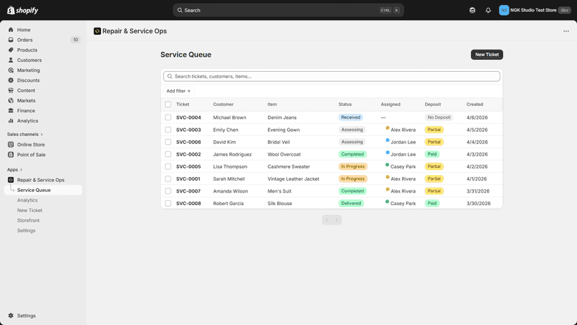 Service queue with ticket list, status filters, customer names,