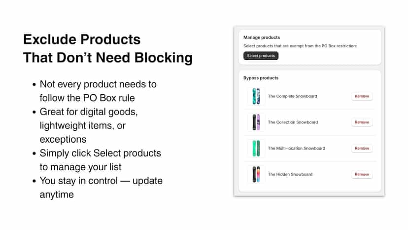 Select products that bypass PO Box blocking