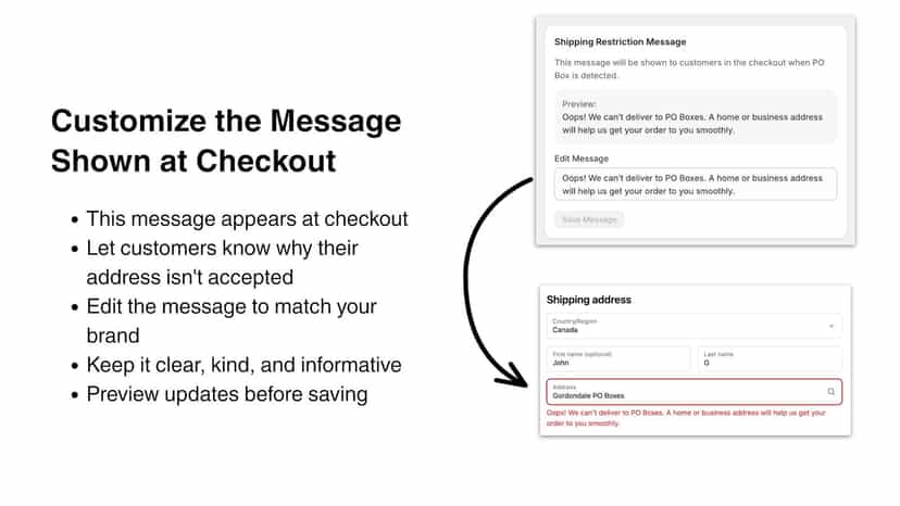 Edit custom PO Box warning message for checkout