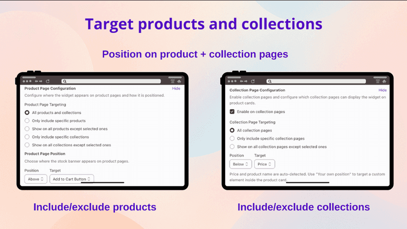 Target stock messages by including or excluding specific product