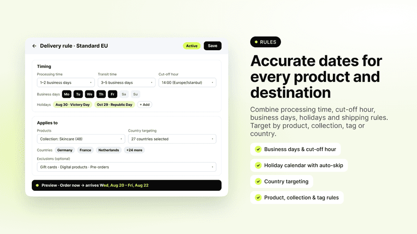 Delivery rule editor: processing, cut-off, holidays, country