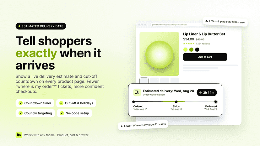 Estimated delivery date widget with countdown on product page