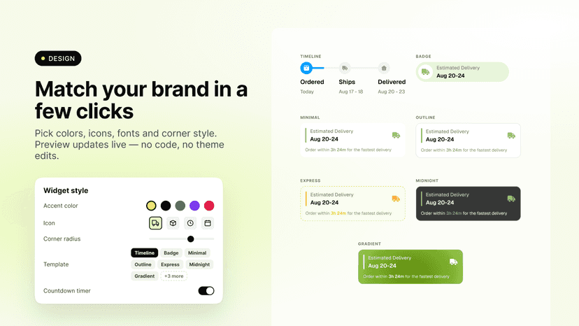 Delivery date widget templates, colors and icons, no code