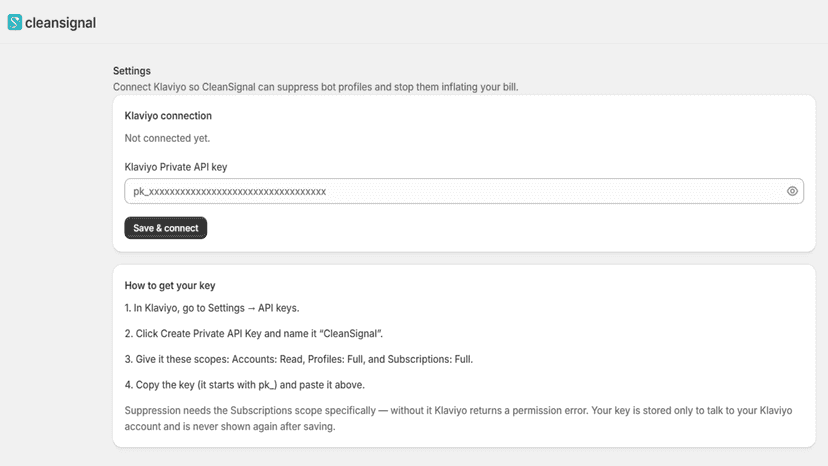 CleanSignal Settings showing Klaviyo connected with API key save
