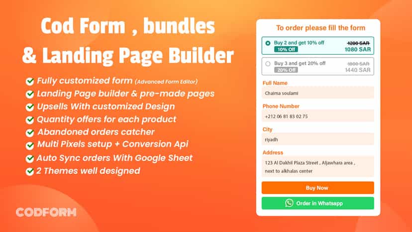 cod form, bundles, upsells, landing page builder