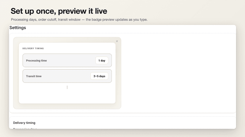 Delivery settings with a live badge preview