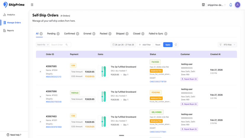 Manage Orders Page