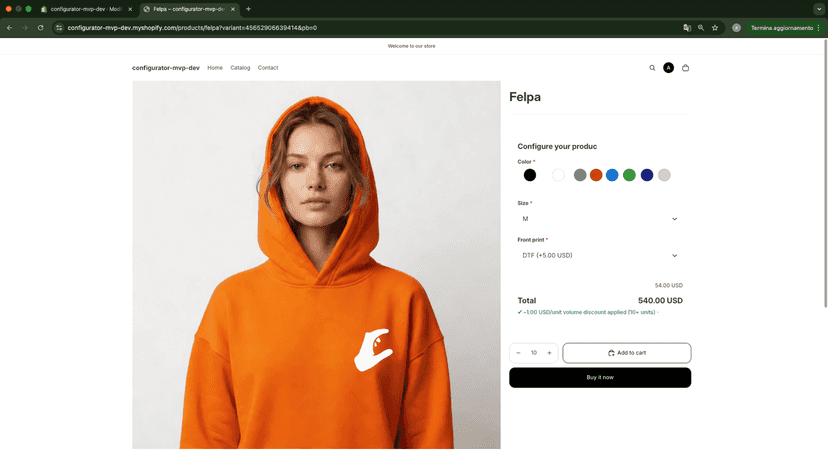 Product configurator block on a storefront page