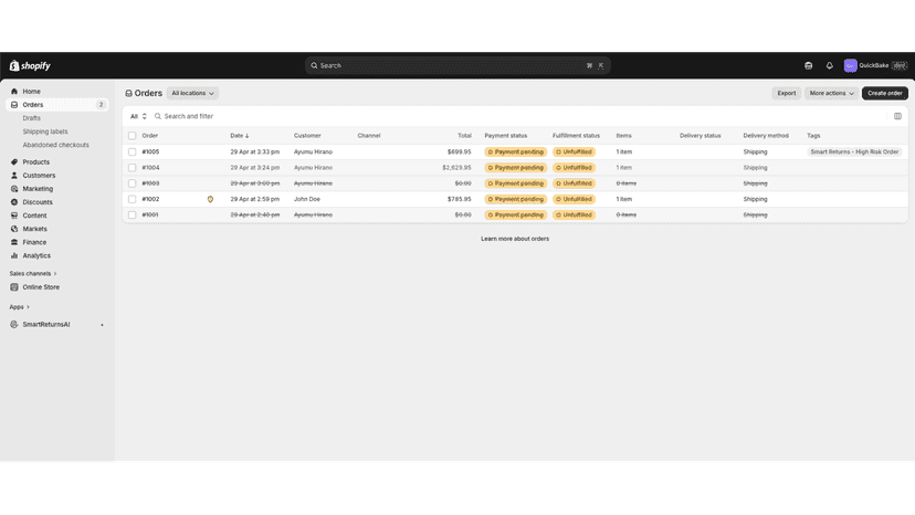 Shopify order list showing automated SmartReturns risk tag