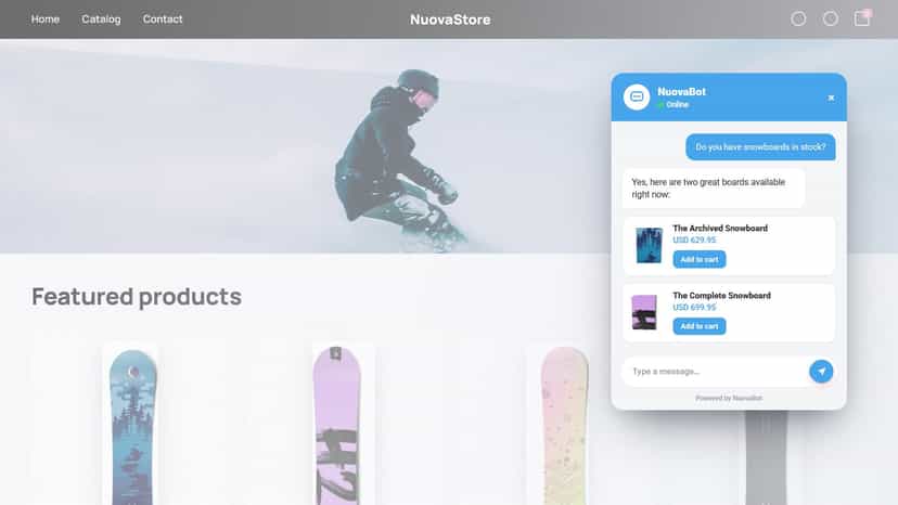 A storefront showing NuovaBot in action with product cards