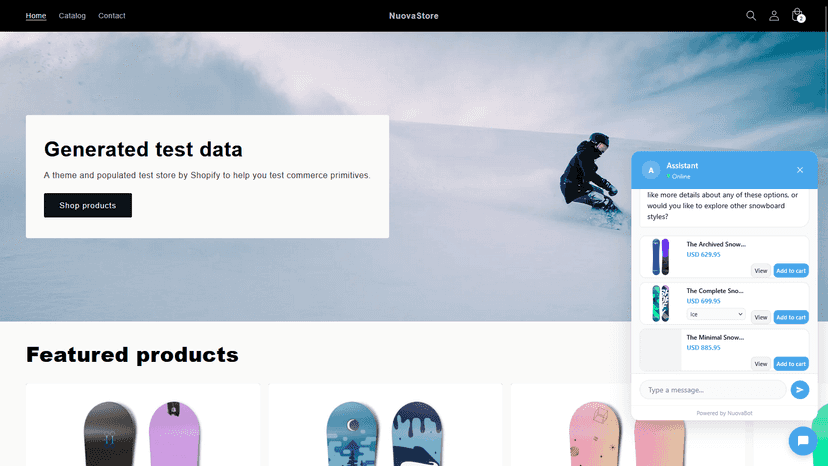 AI chat widget showing product cards with add to cart in a store