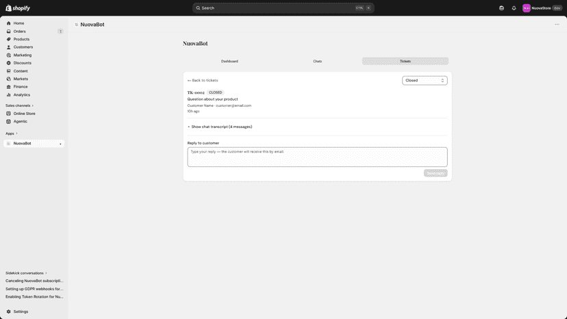 Support ticket view where merchants reply to customers by email