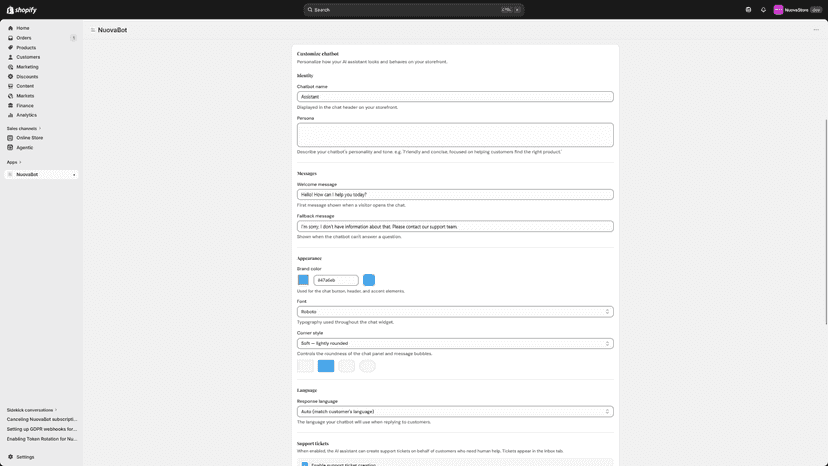 Admin panel to set the chatbot name, tone, color, and language