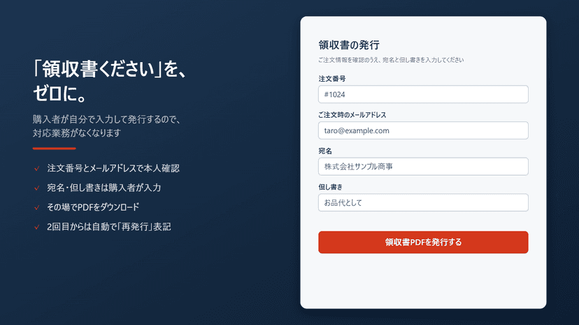 購入者が注文番号とメールで本人確認し宛名・但し書きを入力する画面