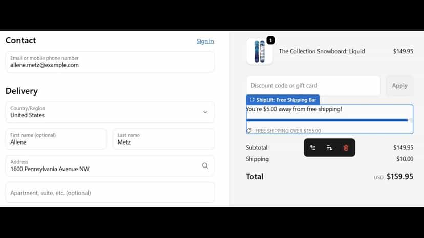Checkout progress bar when under free shipping threshold.