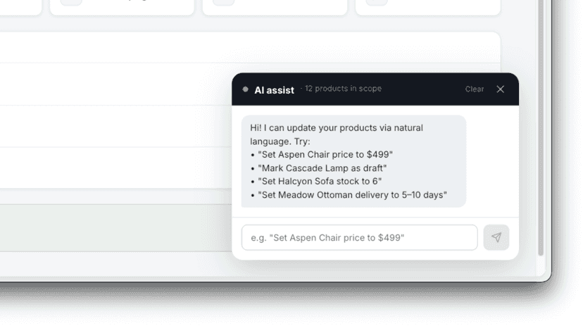 AI assistant chat for updating product prices, stock, and delive