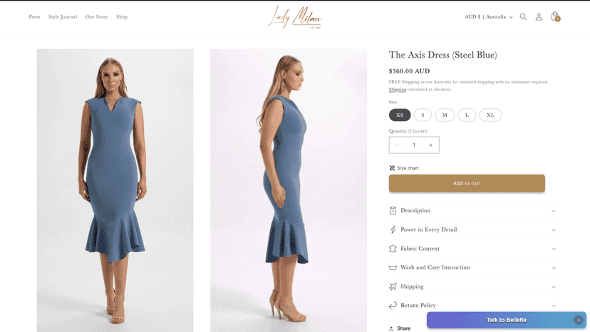 A Shopify product page with a "Bellefie" negotiation button.
