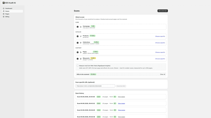 Choose what to scan: products, pages and blog posts