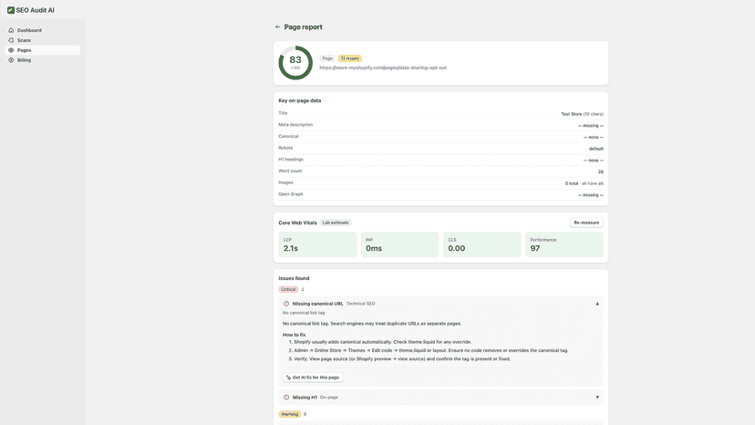 Page report: SEO issues and real Core Web Vitals