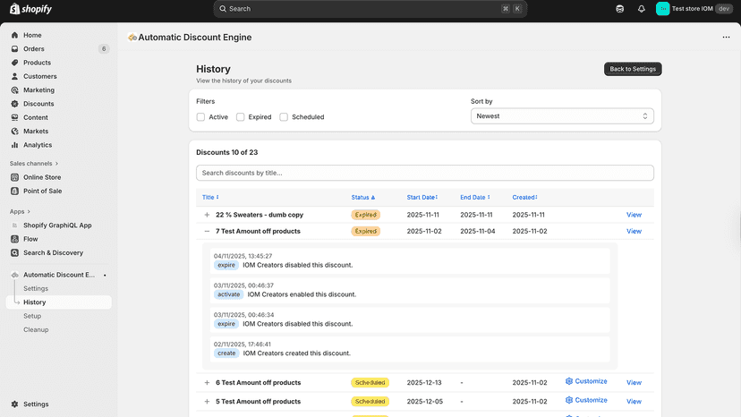 History page where you can check history changes