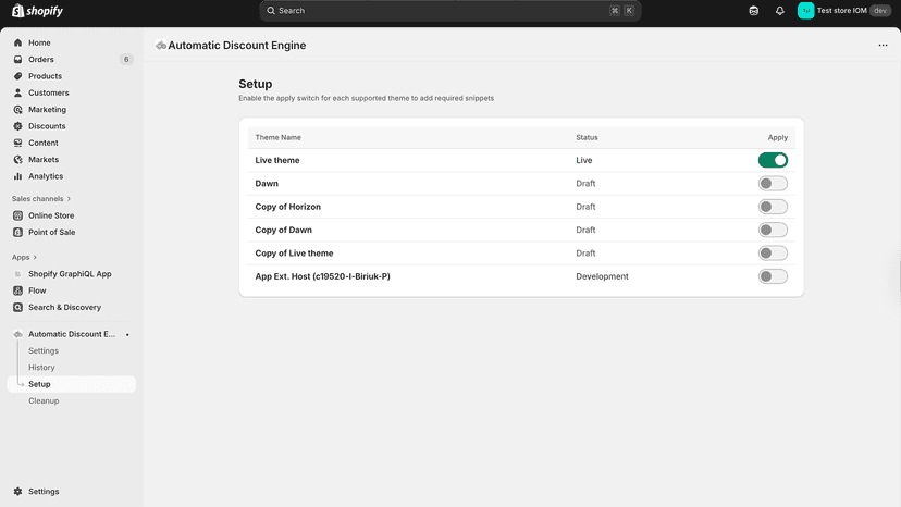 Setup page where you can choose themes for installing app