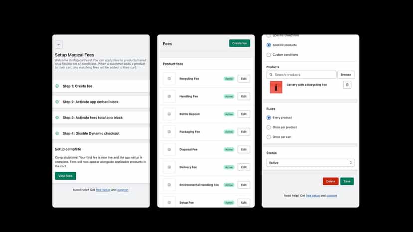 3 mobile screenshots of product fees app showing UI