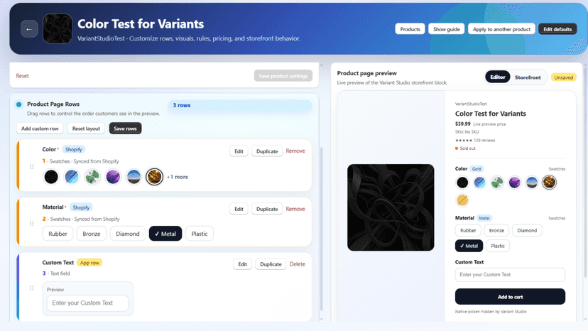 Variant configuration UI with live storefront preview side by si