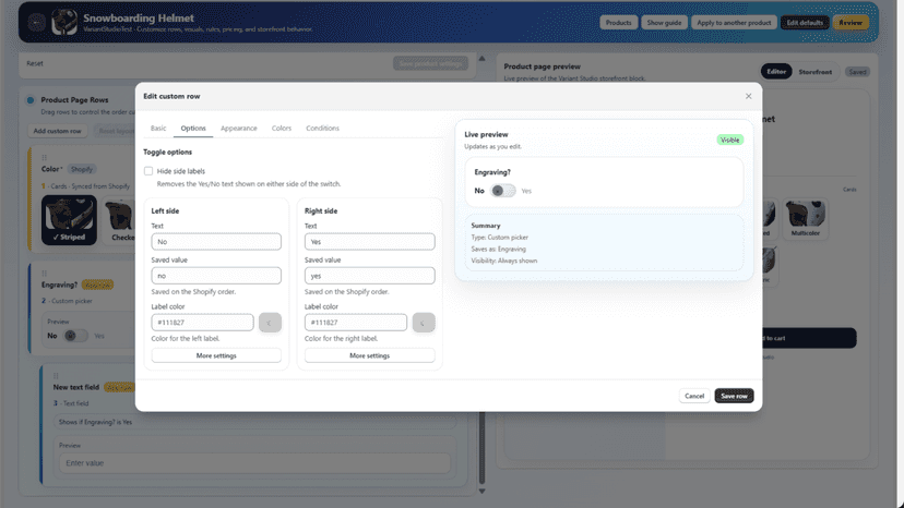 UI showing editing options for a toggle variant
