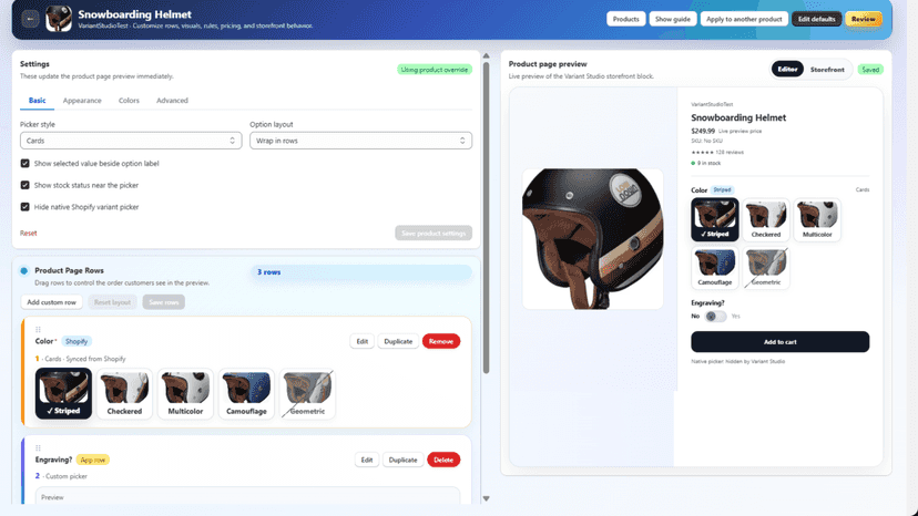 UI of product variant editor. Shows different rows and options