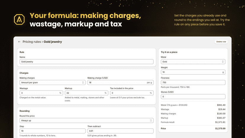 Rates page: gold on the live feed with a 1.5% premium, silver at