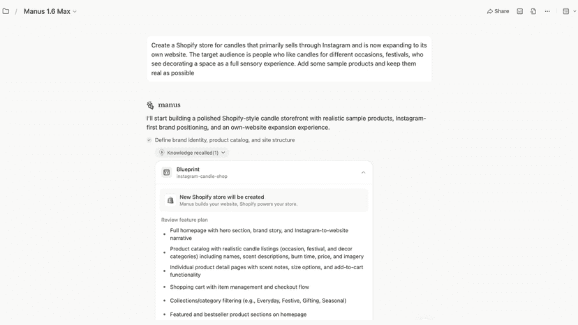 Manus builds a complete Shopify storefront from a single prompt