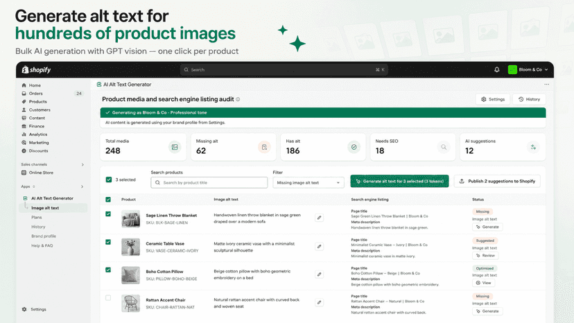 Bulk AI alt text generator for missing Shopify product image SEO