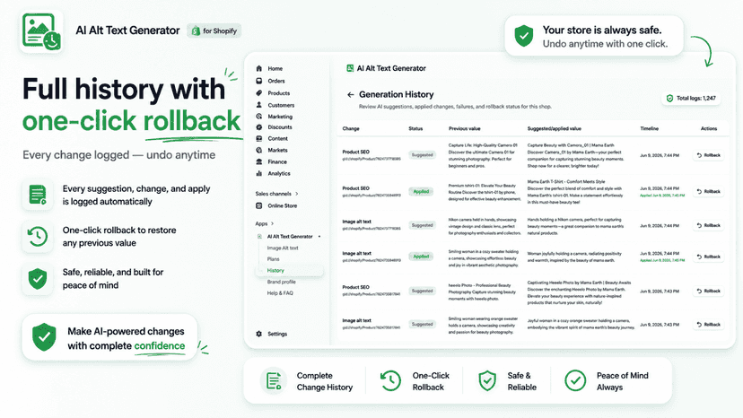Alt text history with one-click rollback for Shopify SEO apps